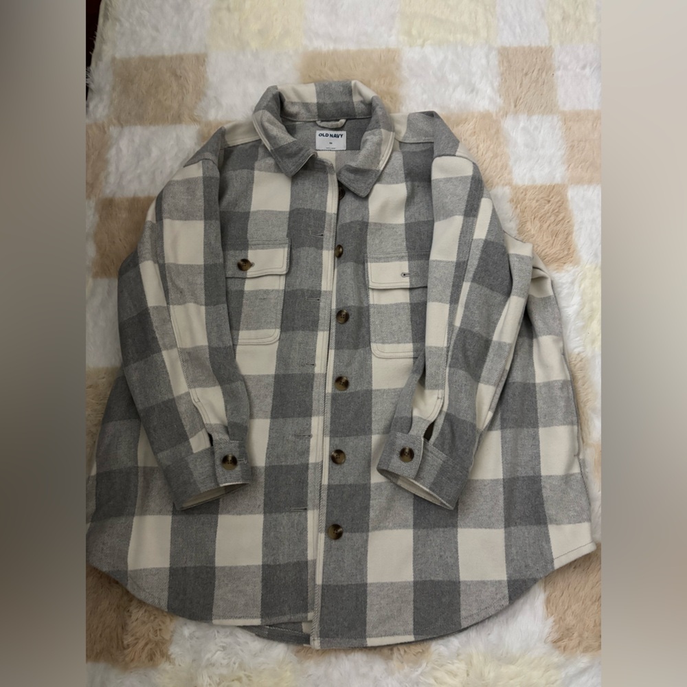 Gray and White Plaid Flannel Button Down Coat Shacket